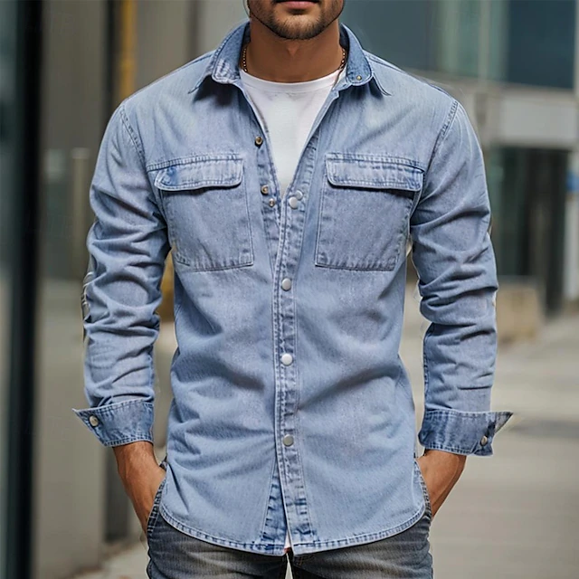 Men's Casual Shirt Overshirt Denim Shirt Solid Color Home Office Light Blue Dark Gray Long Sleeve Collar Summer Spring Clothing Apparel Buttons 6