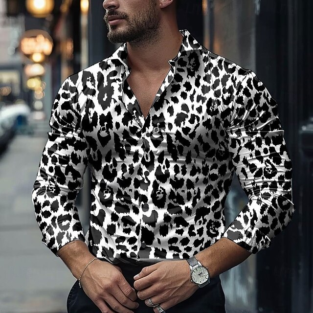 Men's Button Up Shirt Collarless Shirt Long Sleeve Fashion Casual Casual Daily Winter Spring &  Fall Stand Collar Black-white4