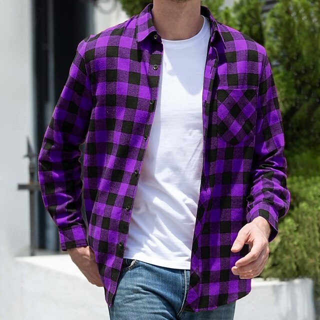Men's Shirt Flannel Shirt Overshirt Yellow Red Blue Purple Long Sleeve