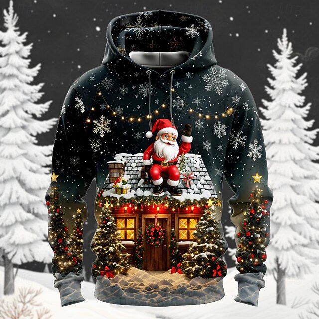 Christmas Men's Santa Claus 3D Hoodies Santa Claus Fashion 3D Print Holiday Vacation Streetwear Hoodies Black Hooded Print Front Pocket Spring &  Fall Designer shirt4
