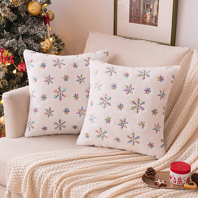 Decorative Toss Soft Plush Pillows Cover Christmas Snowflakes Red White