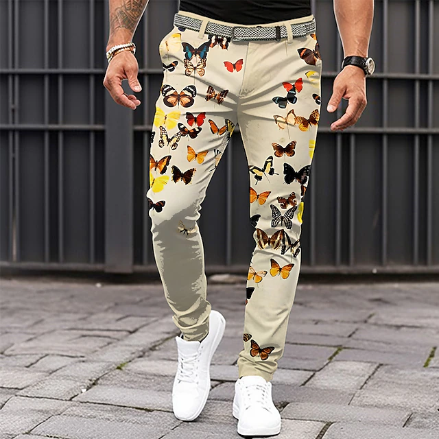 Men's Butterfly Dress Pants Mid Waist Business Casual Formal Dailywear Zipper Pocket Summer Spring Fall 3D Print khaki4