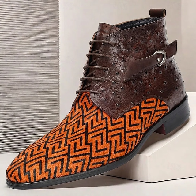  Men's Premium Cowhide Leather with Pony Hair Ankle Boots - Geometric Pattern Lace-Up Stylish Casual & Formal Shoes