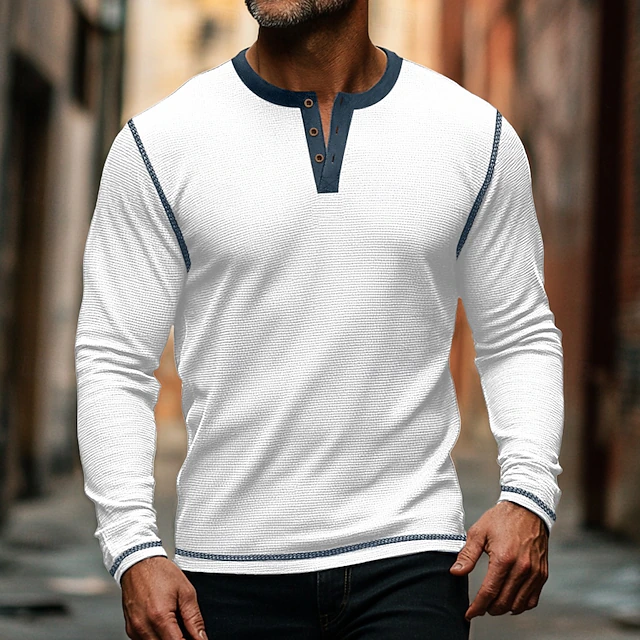 Men's T shirt Tee Henley Shirt Waffle Knit Tee Tee Top Long Sleeve Shirt Color Block Henley Street Vacation Long Sleeve Patchwork Clothing Apparel Fashion Designer Basic 12