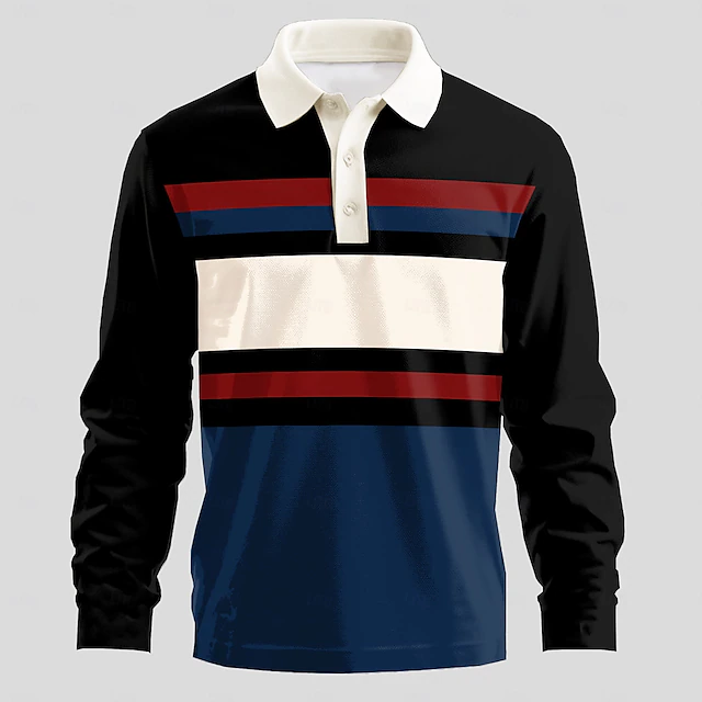 Men's Striped Rugby Polo Shirts Long Sleeve Polo Shirts Collar Business Casual Formal Vacation Dailywear 3D Print Buttons Spring Fall & Winter Blue4