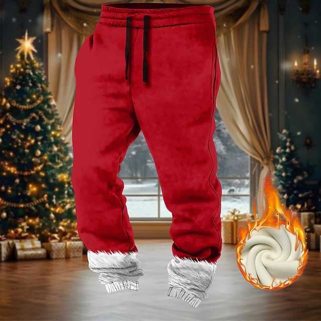  Jul Herr Ensfärgat Träningsbyxor i fleece Dragsko Elastisk midja Ledigt Utomhus Hem Festkvällskläder Ficka Thermal Vinter 3D-tryck Rubinrött
