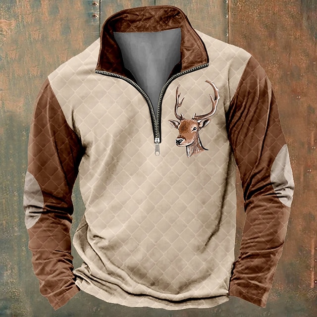  Herre Lapper Rådyr Gensere Genser Glidelås med glidelås Kvart glidelås genser Langermet Genser Crew-hals Quarter Zip 3D Morsom 3D-utskrift Jul Fest Ferie Crewneck Halv glidelås Vinter Vår & Vinter