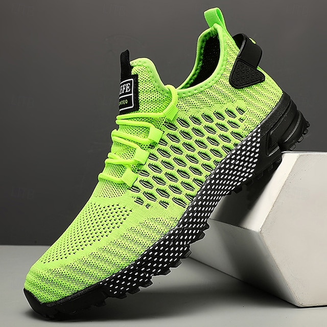  tênis esportivos respiráveis verde neon masculino – tênis de corrida de malha leve com sola acolchoada
