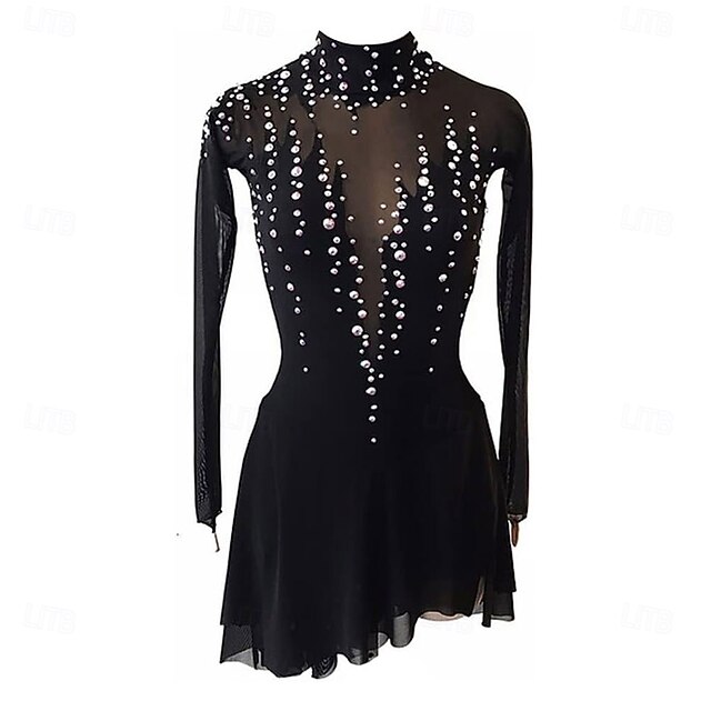 Figure Skating Dress Black Turtleneck Big Open Back Mesh Group Girls Competition Performance4