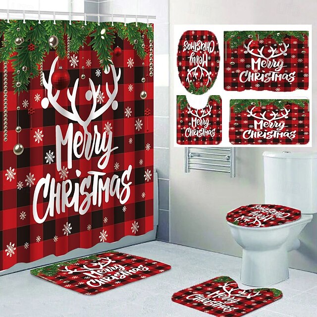 4Piece Christmas Shower Curtain Set with 12 Hooks, StainResistant