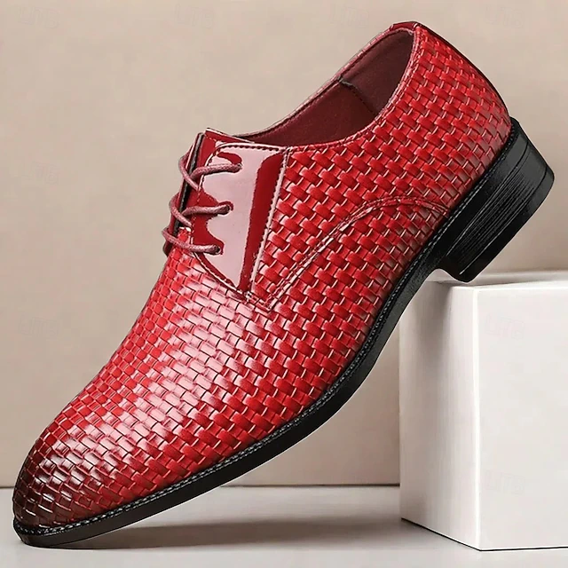 Men's Red Woven Faux Leather Dress Shoes – Stylish Lace-Up Oxfords with Patent Leather Accents for Christmas,Formal & Casual Occasions 13