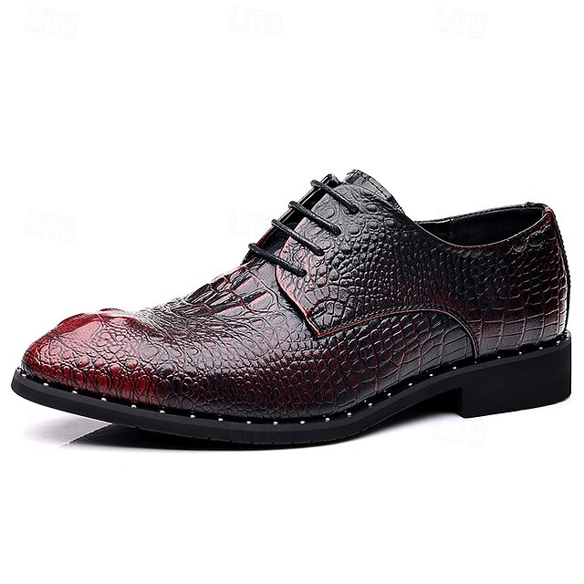 Men's Red and Black Crocodile Pattern Faux Leather Dress Shoes Lace