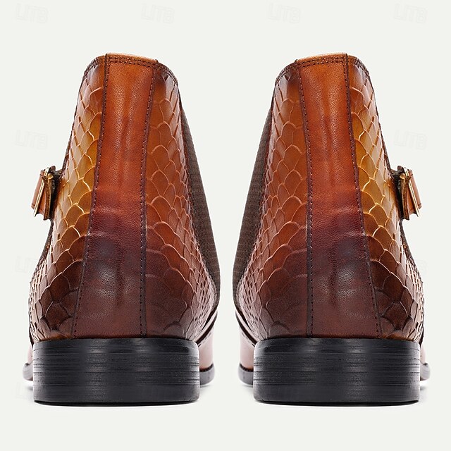 Men's Brown Ankle Boots with Brogue Detailing & Snakeskin Accent