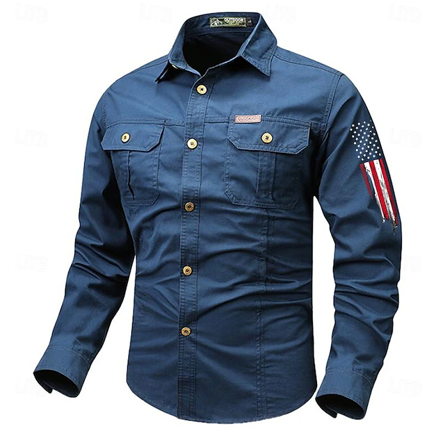 Men's American US Flag Patriotic Work Shirt Western Shirt Cargo Shirt Long Sleeve Vintage Western Casual Sports & Outdoor Going out Winter Spring & Fall Turndown Print Black Army Green Red Blue Khaki 12