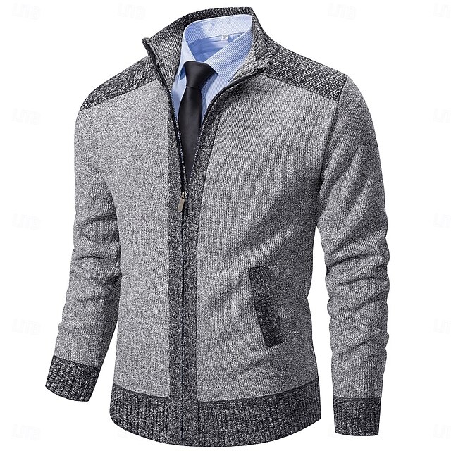 Men's Cardigan Sweater Dress Sweater Fleece Sweater Ribbed Knit Cropped Knitted Color Block Stand Collar Warm Ups Modern Contemporary Daily Wear Going out Clothing Apparel Winter Spring & Fall Blue 7