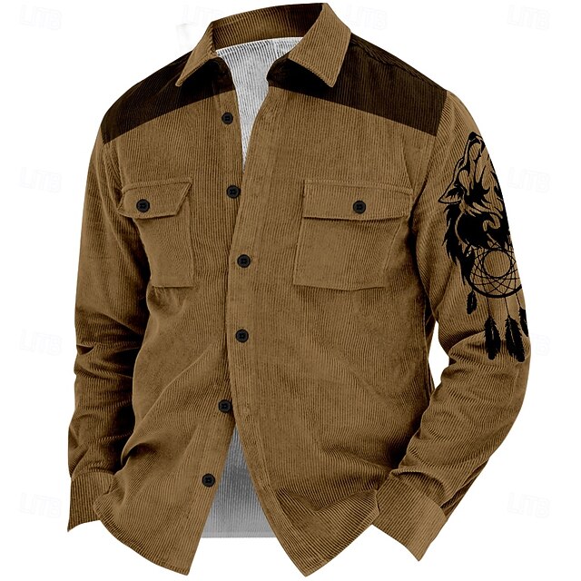 Men's Wolf Cowboy Corduroy Shirt Shirt Jacket Overshirt Long Sleeve Vintage Tribal Outdoor Dailywear Fall & Winter Turndown Collared Shirts Buttons 3D Print 2 Pockets 1pc Brown4