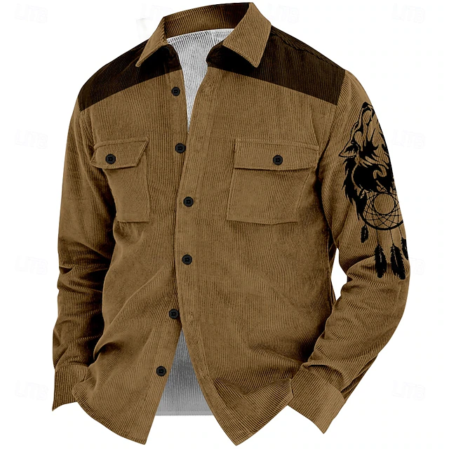 Men's Wolf Cowboy Corduroy Shirt Shirt Jacket Overshirt Long Sleeve Vintage Tribal Outdoor Dailywear Fall & Winter Turndown Collared Shirts Buttons 3D Print 2 Pockets 1pc Brown4