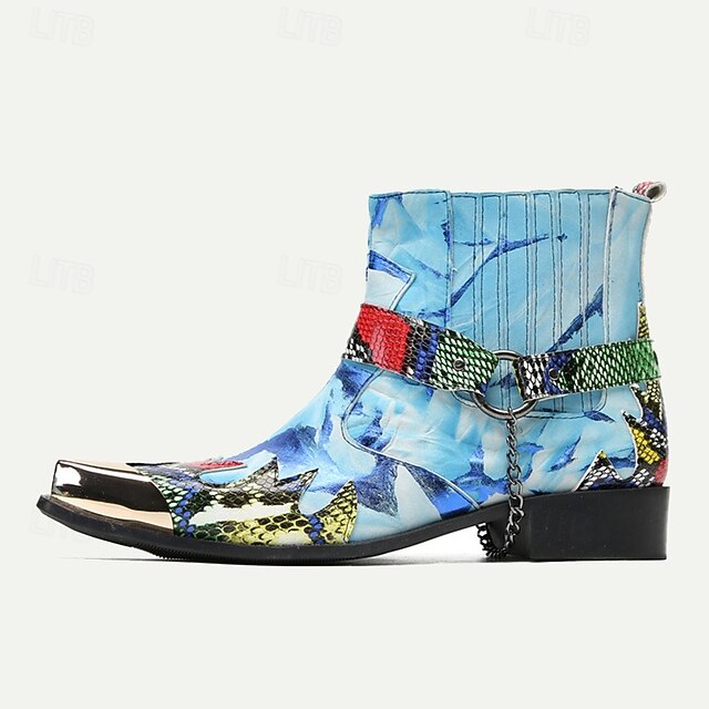 Men's Premium Cowhide Leather Ankle Boots Colorful Snake Print and