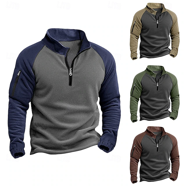 Men's Pullover Quarter Zip Sweatshirt Tactical Hoodie Blue Green Khaki Coffee Standing Collar Half Zip Plain Patchwork Pocket Color Block Sports & Outdoor Sports Streetwear Designer Basic Casual 10