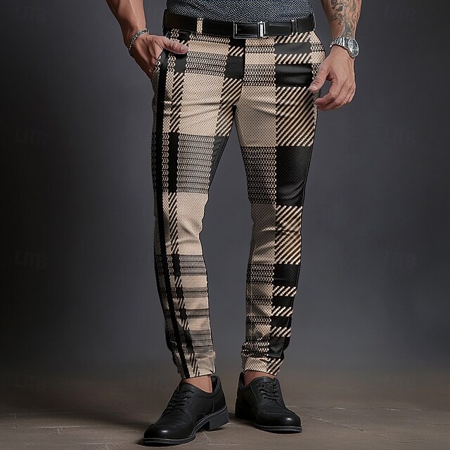 Men's Geometric Plaid Color Block Dress Pants Mid Waist Business Casual Formal Dailywear Zipper Pocket Summer Spring Fall 3D Print Black4