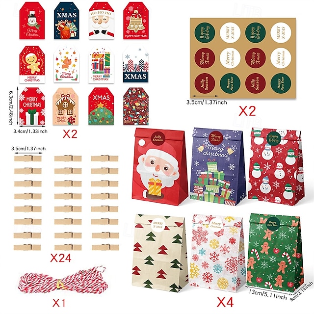  Bolsas de regalo navideñas con diseños de muñecos de nieve, Papá Noel y copos de nieve: bolsas de dulces y golosinas con pegatinas &Clips, bolsas de papel para regalo de adviento para envolver regalos