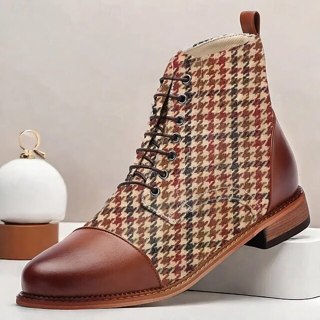 Men's Houndstooth Lace-Up Ankle Boots - Brown and Red Checkered Pattern, Brown Faux Leather Accents, Perfect for Vintage and Casual Style 8
