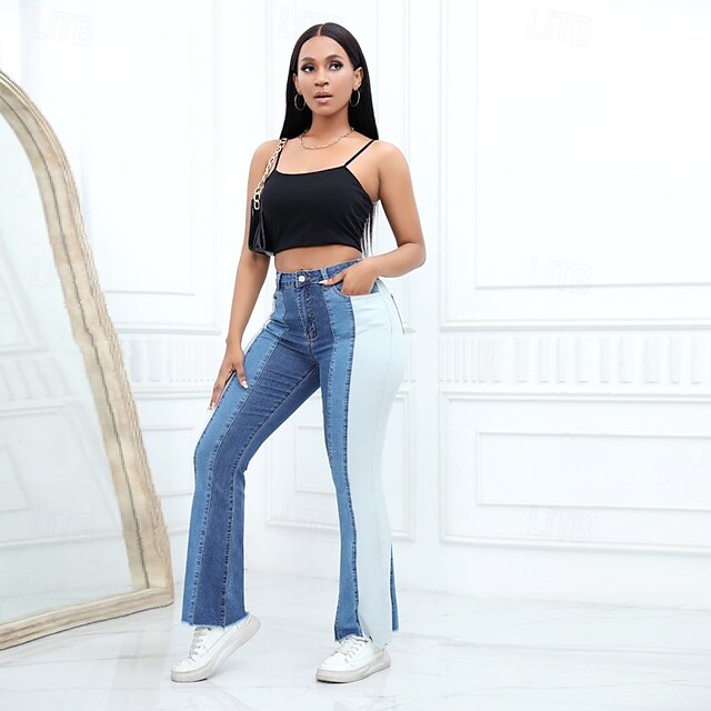  Dam Vanligt Jeans Streetwear Stylish Fullängd Hög midja Färgblock Lappverk Andningsfunktion Mjuk Bekväm Microelastisk Dagligen Utekväll Svart Blå Vår & Höst Normal