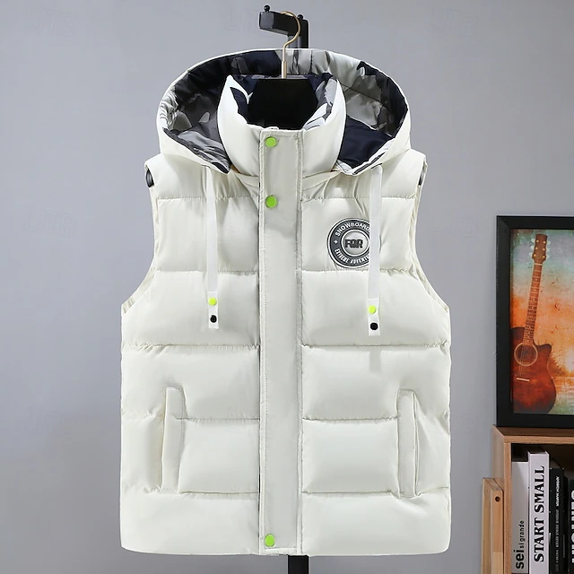 Men's Puffer Vest Hoodie Vest Padded Gilet Quilted Vest Daily Date Vacation Fashion Casual Fall & Winter Pocket Polyester Warm Comfortable Graphic Zipper Hooded Regular Fit Black White Blue Gray Vest 12