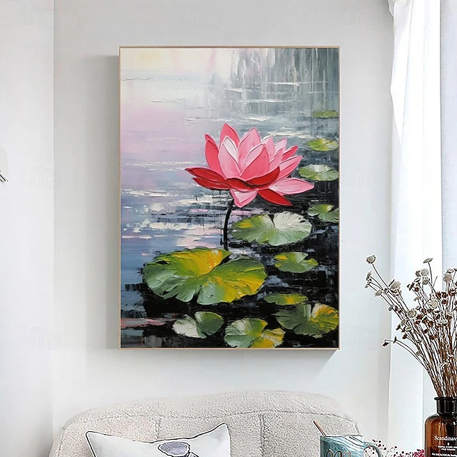 Handpaint Original Abstract Lotus Oil Painting On Canvas 3D Texture