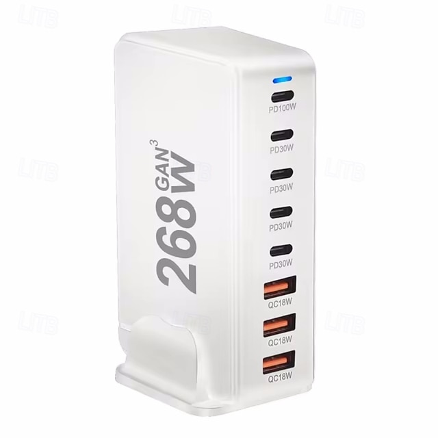  Caricabatterie da tavolo gan da 268 W Caricabatterie USB tipo C PD a 8 porte Caricabatterie rapido USB tipo C 3.0 Caricabatterie USB mobile