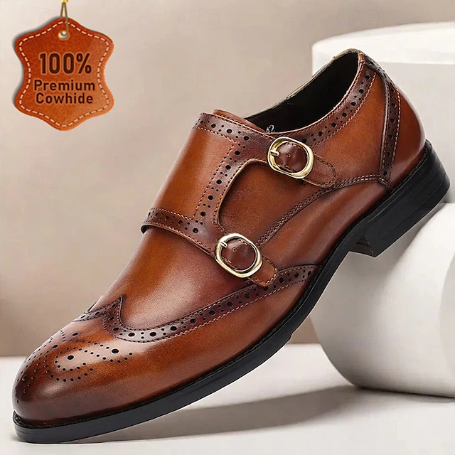 Men's Brown Double Monk Strap Shoes with Brogue Detailing - Premium Cowhide Leather Formal Dress Shoes for Business & Special Events 9