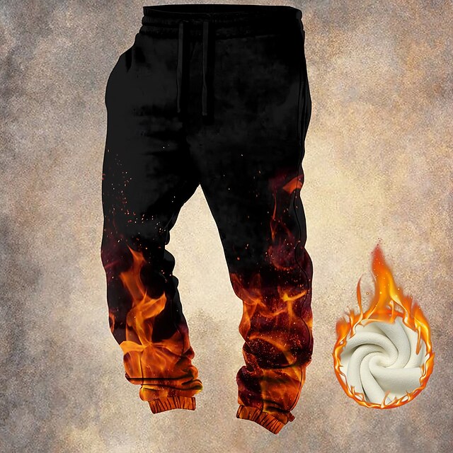  Homens Labareda Calças de moletom de lã Cintura elástica com cordão Moda Escuro Ao ar livre Férias Rua Bolsos Térmica Inverno Impressão 3D Preto