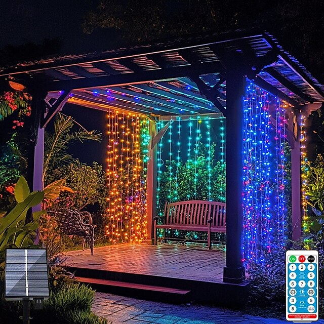  3*3m 300 led solaire rideau lumière extérieure télécommande lumière 8 modes d'éclairage guirlandes ip65 étanche fil de cuir lumières fête de noël mariage maison chambre jardin décoration murale