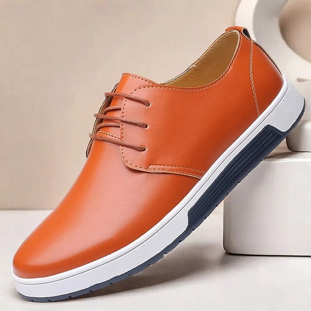 Men's Casual Orange Faux Leather Sneakers LaceUp Design, Lightweight