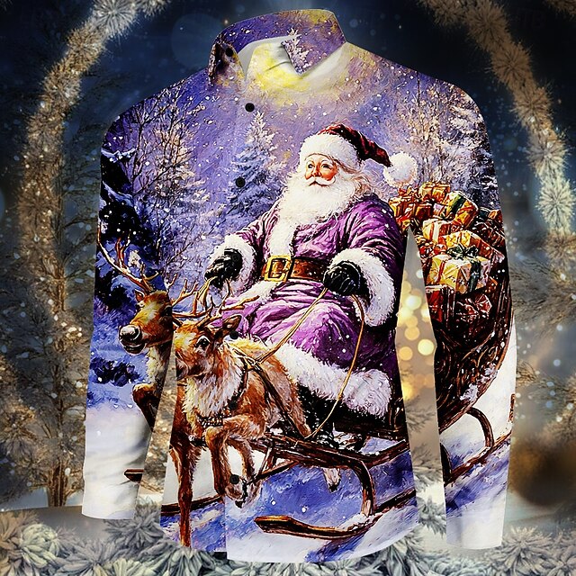 Christmas Men's Santa Claus Shirt Dress Shirt Button Up Shirt Long Sleeve Fashion Casual Party Evening Wear Daily Festival Fall Winter Spring & Summer Shirt Collar Button Up 3D Print Violet4