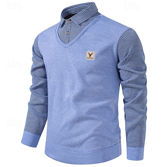 Men's Pullover Sweater Jumper Knit Sweater Mens Dress Sweaters Ribbed Knit Regular Knitted Fake two piece Stripe Shirt Collar Fashion Casual Daily Wear Date Clothing Apparel Fall & Winter Black Blue 6