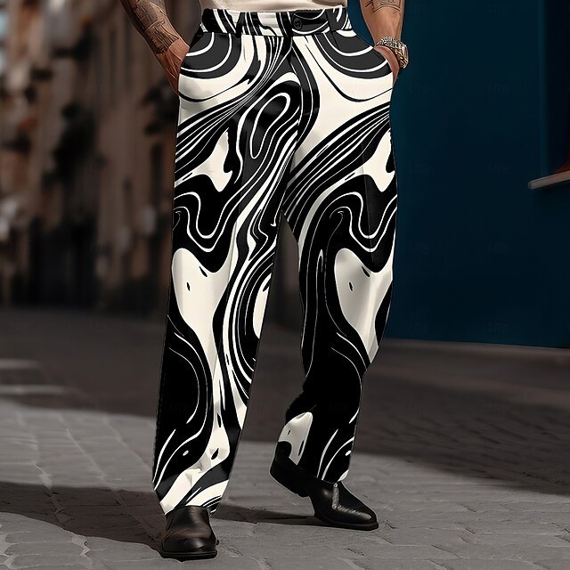 Men's Curve Dress Pants Mid Waist Fashion Business Casual Formal Outdoor Dailywear Zipper Pocket Straight Leg Trousers Summer Spring Fall 3D Print Black4