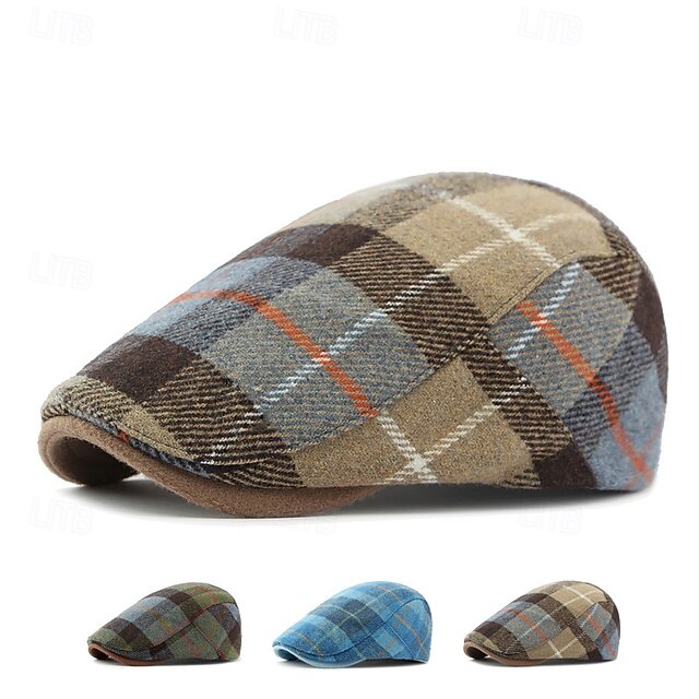 Men's Flat Cap Baseball Cap Military Cap Cadet Hat Blue khaki Polyester Fashion Casual Street Daily Plaid Adjustable Sunscreen Breathable 9