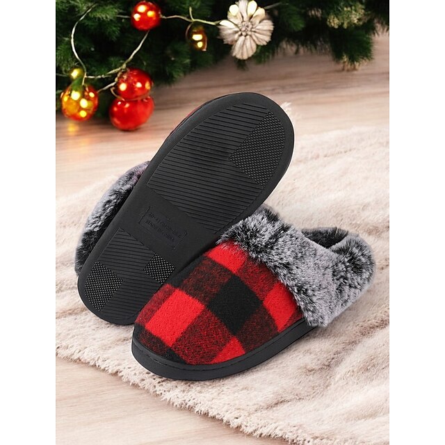  chinelos femininos confortáveis com forro de lã xadrez - chinelos de casa com padrão xadrez de búfalo vermelho e preto com gola de pele sintética para conforto no inverno