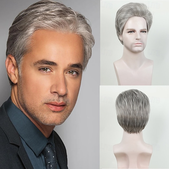  Synthetische Perücken Glatt Asymmetrischer Haarschnitt Perücke Kurz Grau Synthetische Haare Herren Modisches Design Weich Natürlich Grau