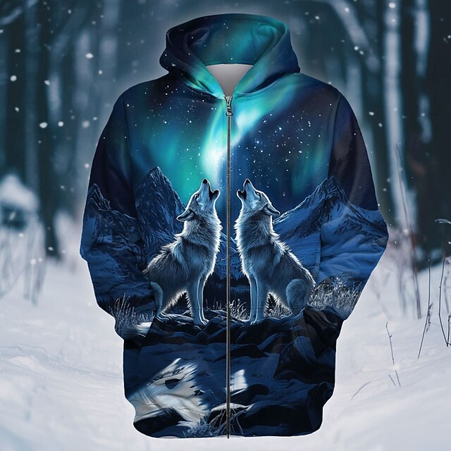 Men's Wolf Aurora Hoodie Hoodies Sweatshirt Fashion Cool Long Sleeve Hooded Vacation Gym Streetwear Dark Blue Drawstring Fall Winter Designer4