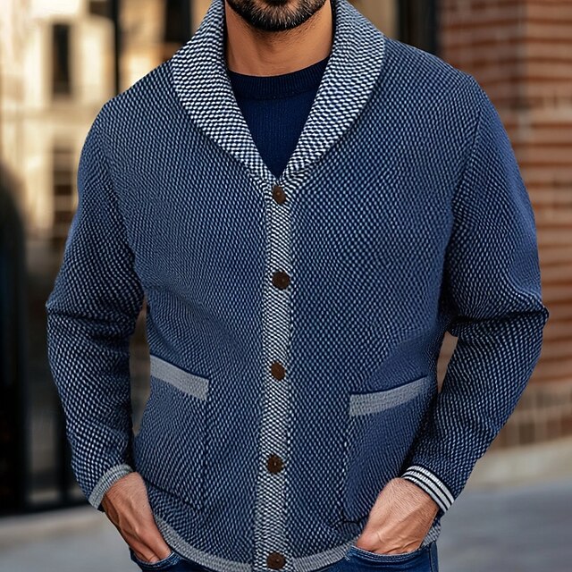 Men's Cardigan Sweater Knit Sweater Ribbed Knit Regular Button Up Side Pockets Solid Color Lapel Fashion Classic Daily Wear Date Clothing Apparel Fall & Winter Navy Blue M L XL4