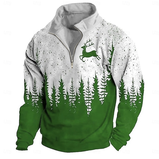  Navidad Hombre Árboles Venados Sudaderas Sudadera Sudadera Sudadera con cremallera Sudadera con un cuarto de cremallera Manga Larga Camisa de entrenamiento Media cremallera Zip Cremallera de un cuarto
