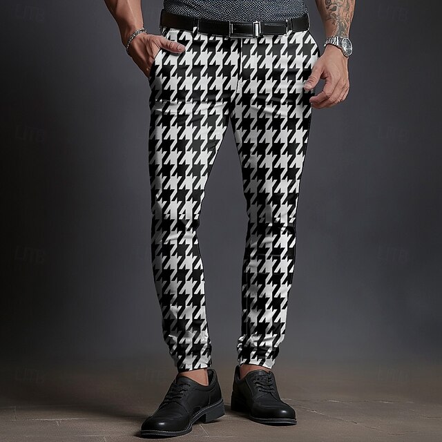 Men's Houndstooth Dress Pants Mid Waist Business Casual Formal Dailywear Zipper Pocket Summer Spring Fall 3D Print Black And White4