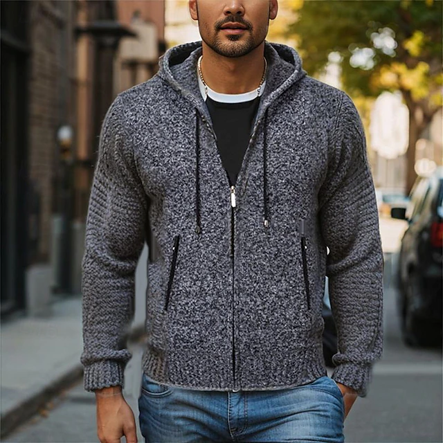 Men's Cardigan Ribbed Chunky Knit Regular Color Block Ribbed Solid Color Hooded Knitwear Elegant Home Work Clothing Apparel Bishop Sleeve Spring Fall Navy Blue Brown M L XL 12