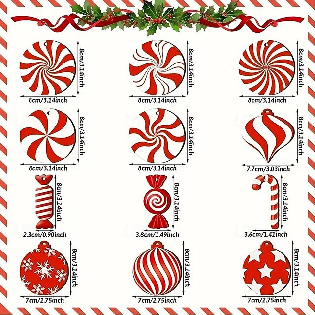24pcs Christmas Wooden Ornaments, Candy Cane Hanging Decorations with