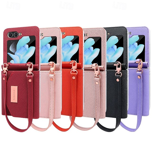  Phone Case For Z Flip 6 Z Flip 5 Z Flip 4 Z Flip 3 Back Cover with Stand Holder with Wrist Strap Card Slot Retro TPU PU Leather