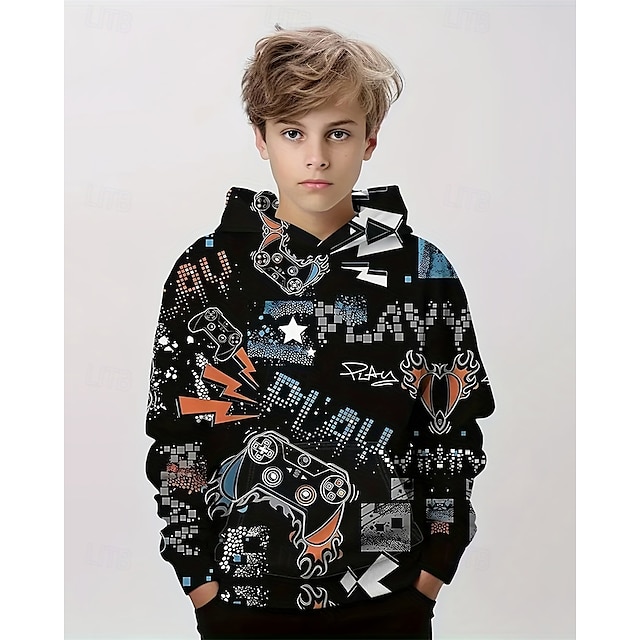  Pojkar 3D Grafisk Spel Huvtröja Långärmad Vår Höst Mode Streetwear Barn 4-12 år Huva Utomhus Ledigt Dagligen Normal