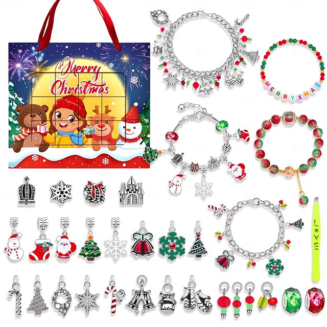 Christmas Advent Calendar Bracelets 2025 for Girls 24 Days Xmas Countdown Calendar DIY Jewelry Making Kit Gift Charm Beads Bracelets for Kids Teens Women 14