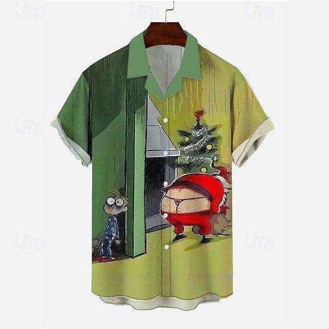 Christmas Men's Funny Christmas Printed Shirts Shirts Santa Claus Artistic Casual Outdoor Street Fall Turndown Short Sleeve White Green S M L4